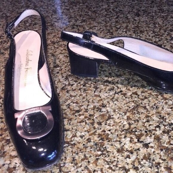 SALVATORE FERRAGAMO 7 A2 Black Patent Low Heels - Picture 6 of 13